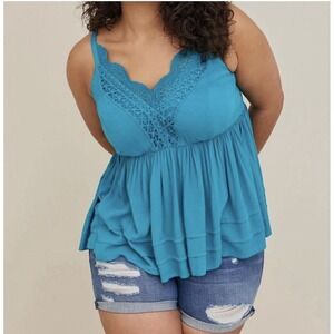 Torrid Crochet Babydoll Tank Crinkle Gauze Teal Blue Plus Size 3 NEW With Tags